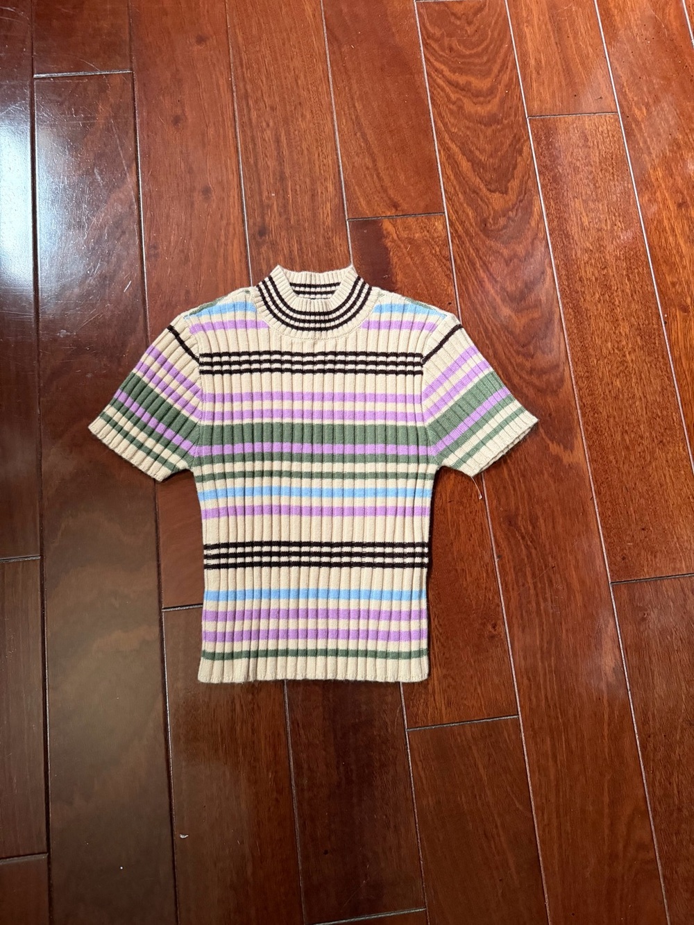 Forever 21 Cream Striped Ribbed Sweater with Green, Lavender & Brown Accents